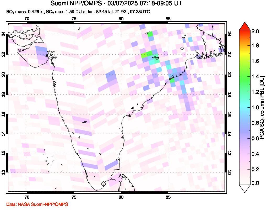 A sulfur dioxide image over India on Mar 07, 2025.