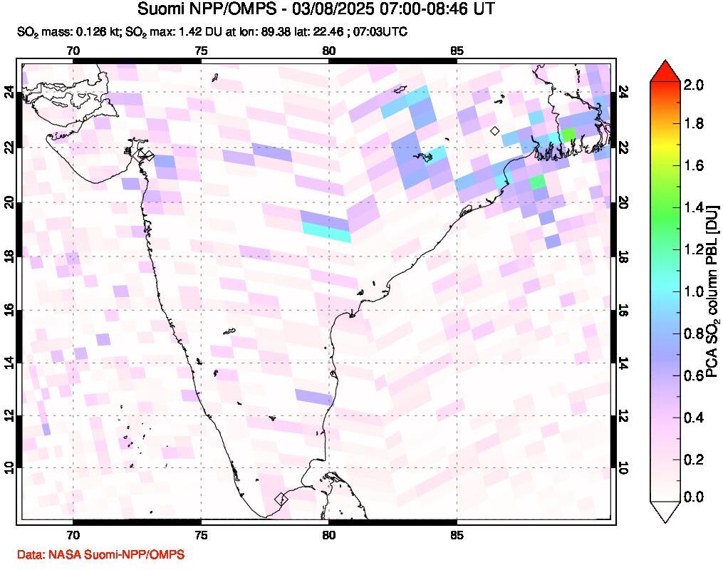 A sulfur dioxide image over India on Mar 08, 2025.