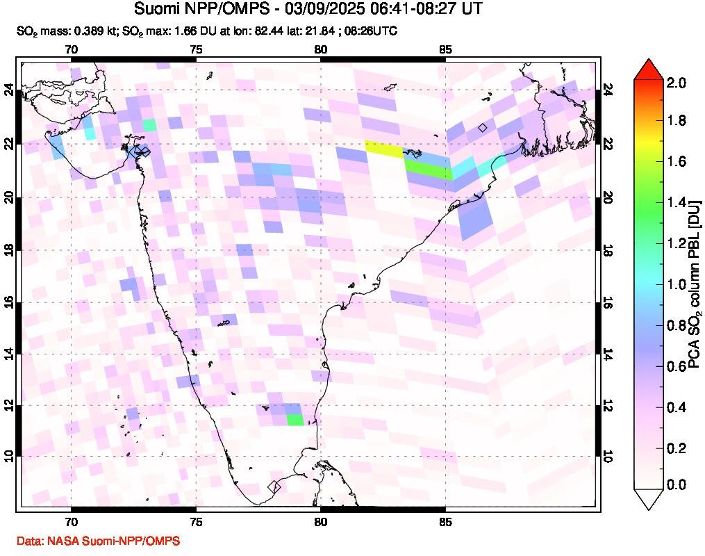 A sulfur dioxide image over India on Mar 09, 2025.