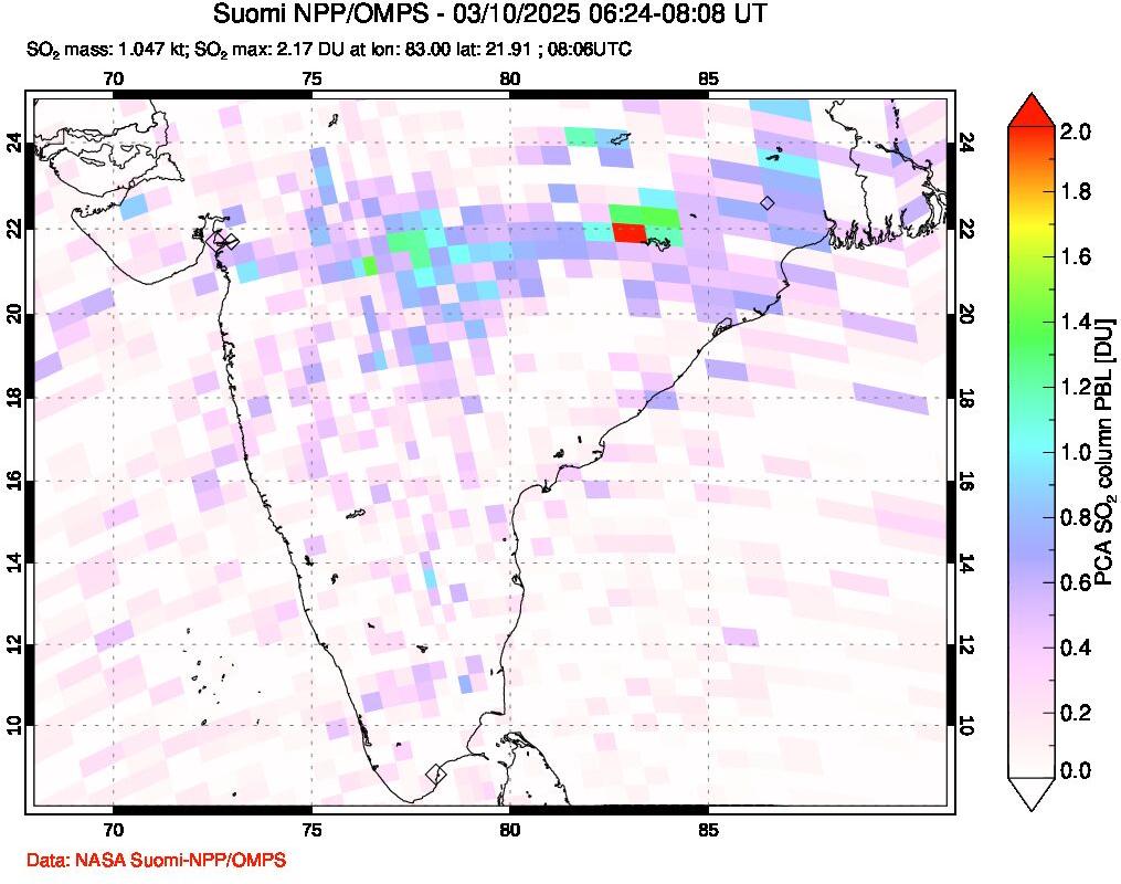 A sulfur dioxide image over India on Mar 10, 2025.