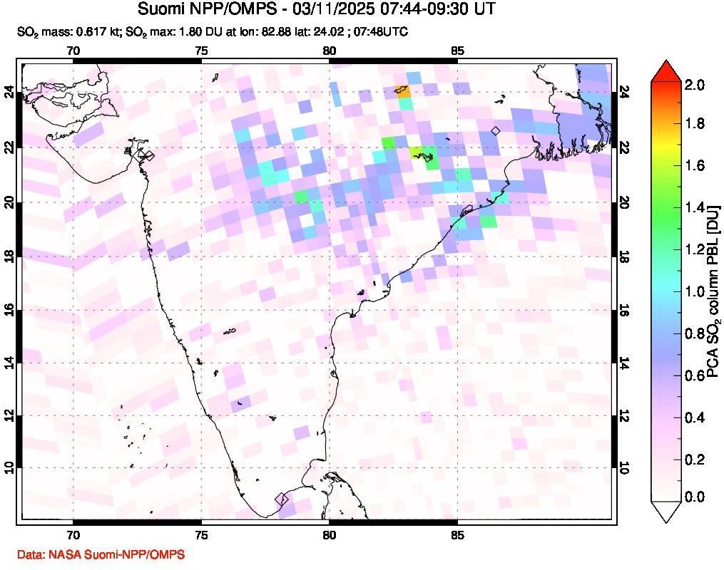 A sulfur dioxide image over India on Mar 11, 2025.