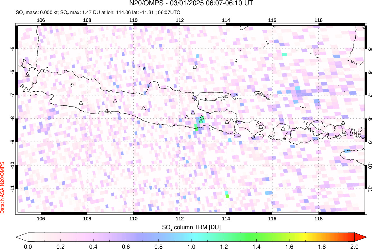 A sulfur dioxide image over Java, Indonesia on Mar 01, 2025.