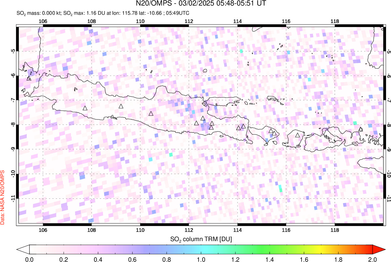 A sulfur dioxide image over Java, Indonesia on Mar 02, 2025.