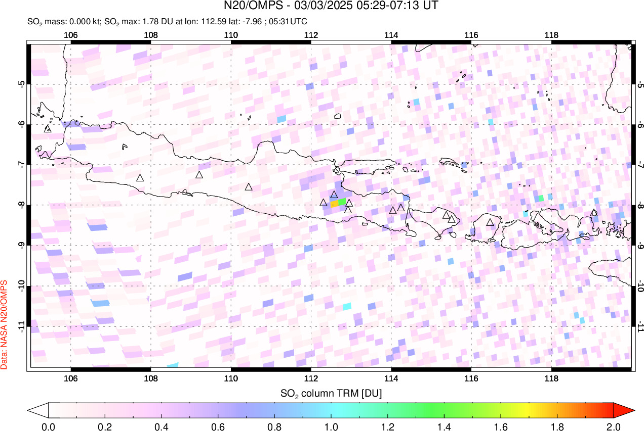 A sulfur dioxide image over Java, Indonesia on Mar 03, 2025.