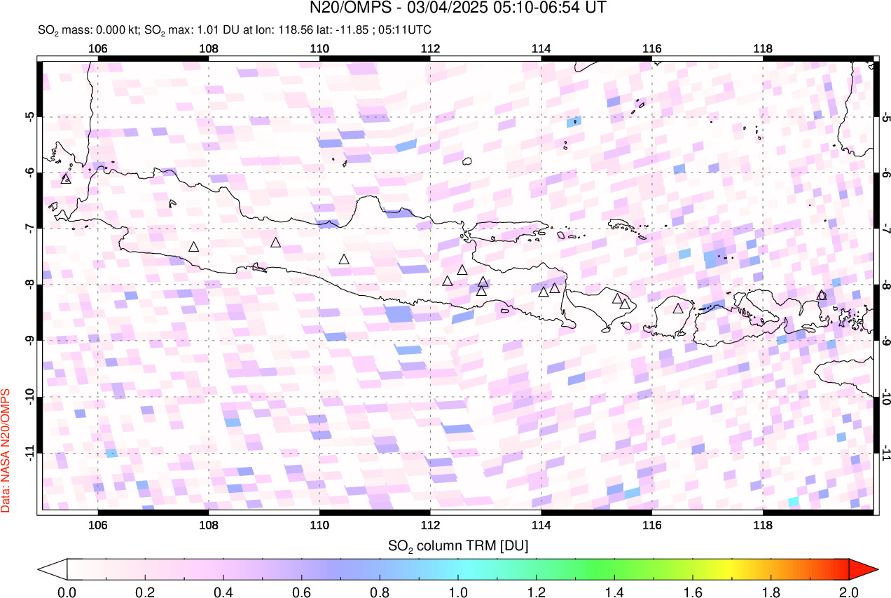 A sulfur dioxide image over Java, Indonesia on Mar 04, 2025.