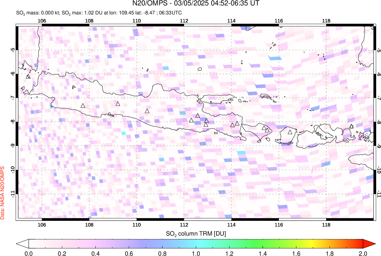 A sulfur dioxide image over Java, Indonesia on Mar 05, 2025.