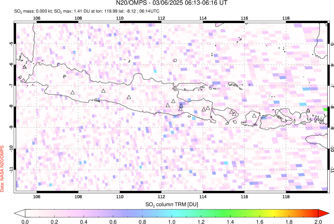 A sulfur dioxide image over Java, Indonesia on Mar 06, 2025.