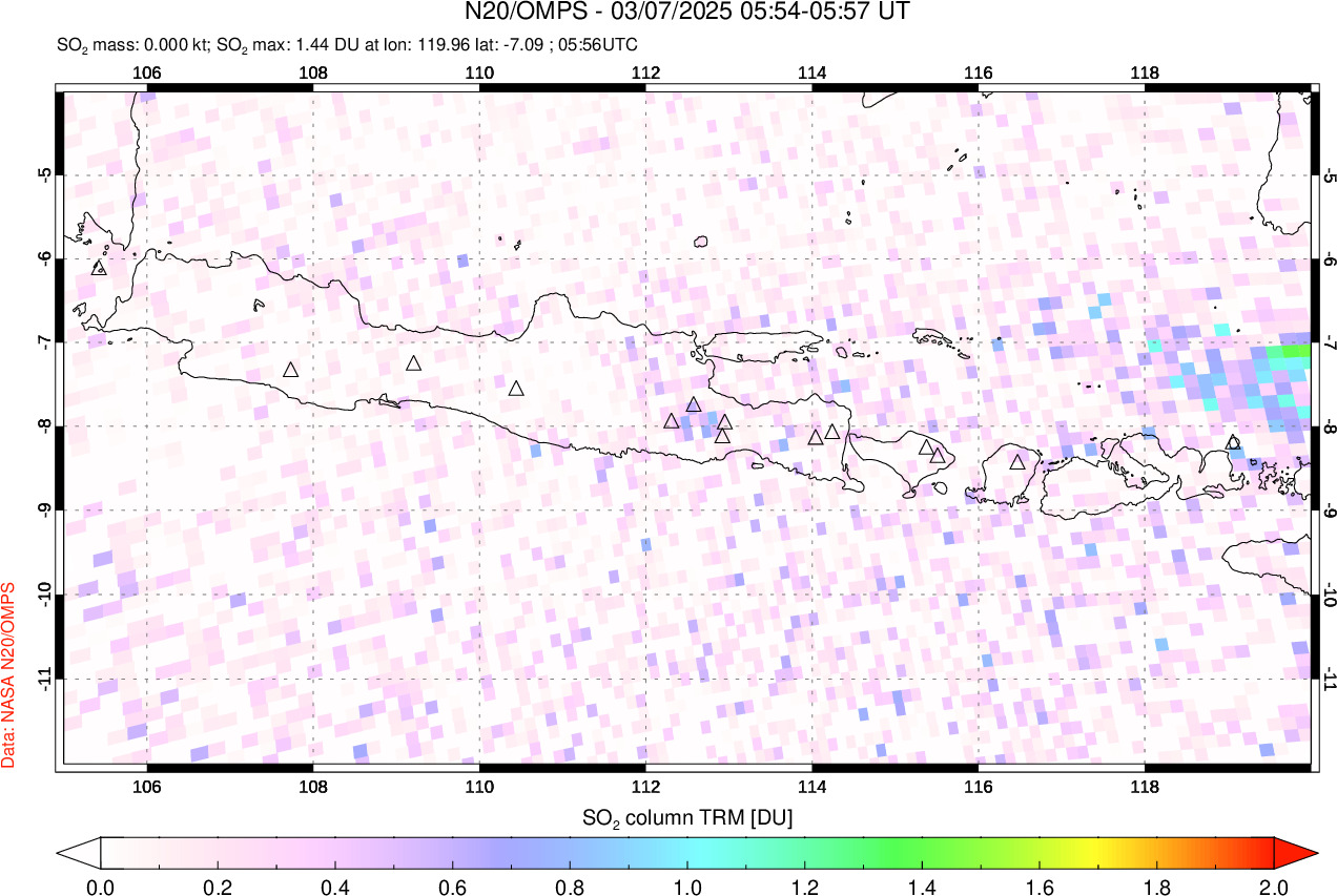 A sulfur dioxide image over Java, Indonesia on Mar 07, 2025.
