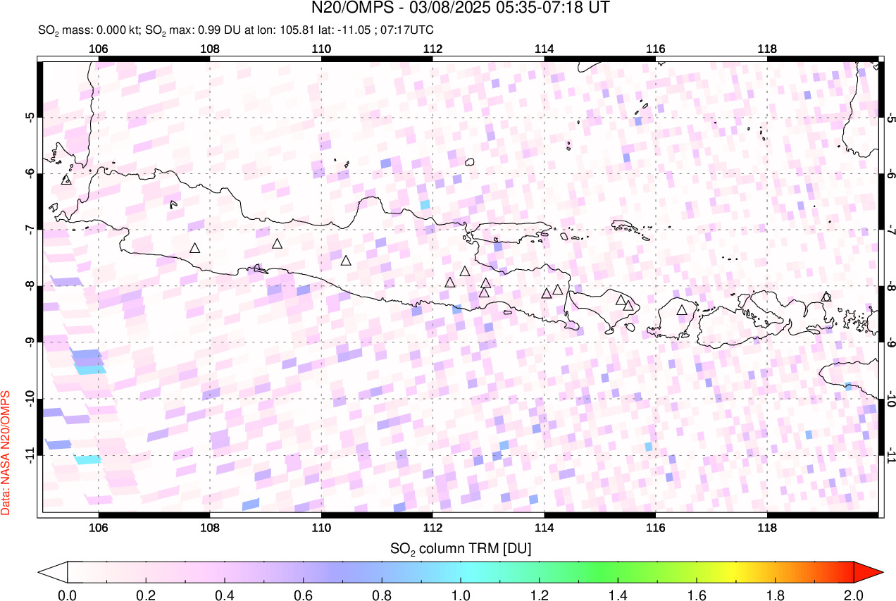 A sulfur dioxide image over Java, Indonesia on Mar 08, 2025.