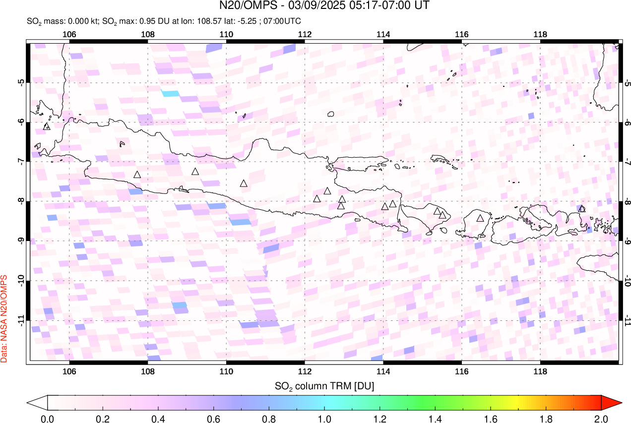 A sulfur dioxide image over Java, Indonesia on Mar 09, 2025.