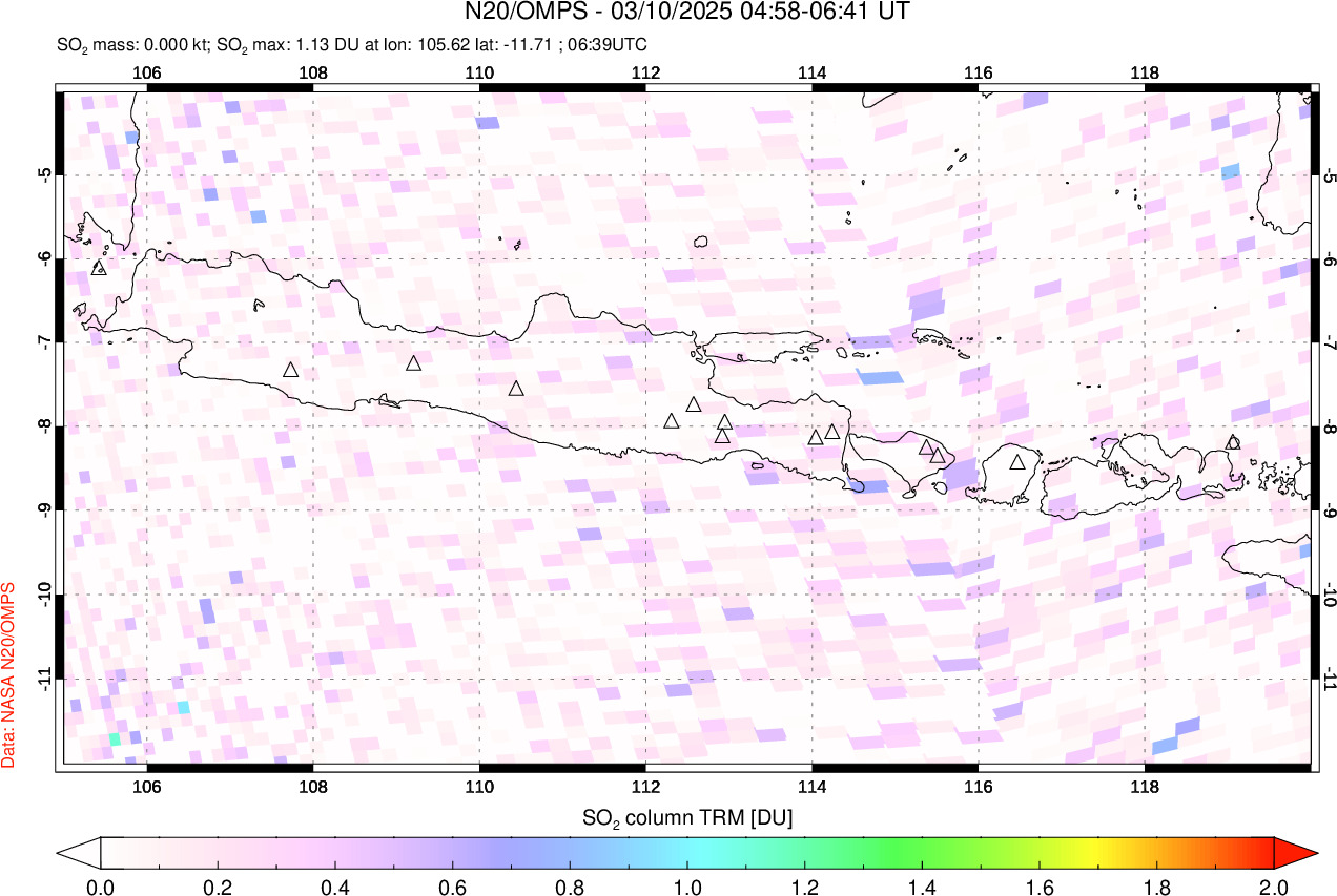 A sulfur dioxide image over Java, Indonesia on Mar 10, 2025.