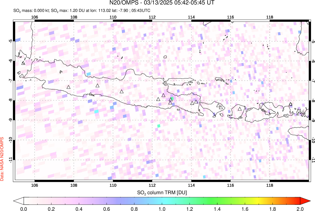 A sulfur dioxide image over Java, Indonesia on Mar 13, 2025.