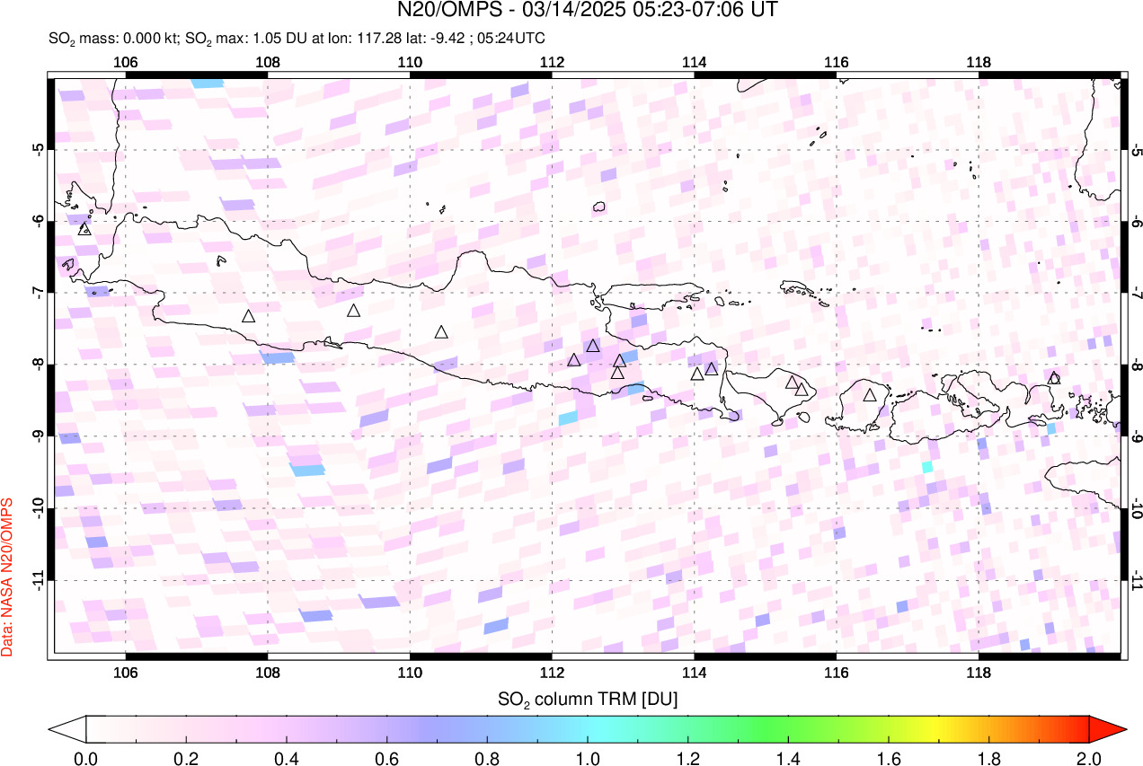 A sulfur dioxide image over Java, Indonesia on Mar 14, 2025.