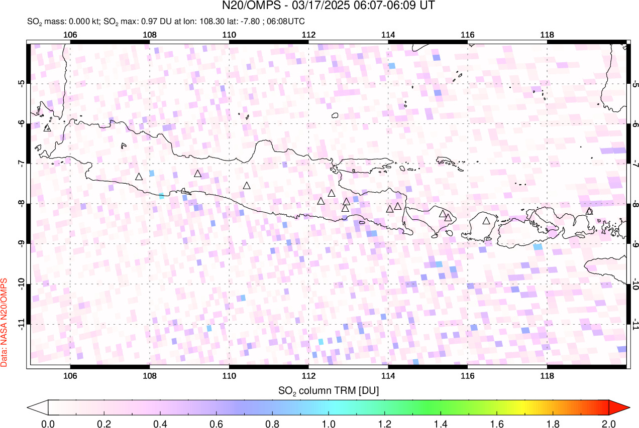 A sulfur dioxide image over Java, Indonesia on Mar 17, 2025.