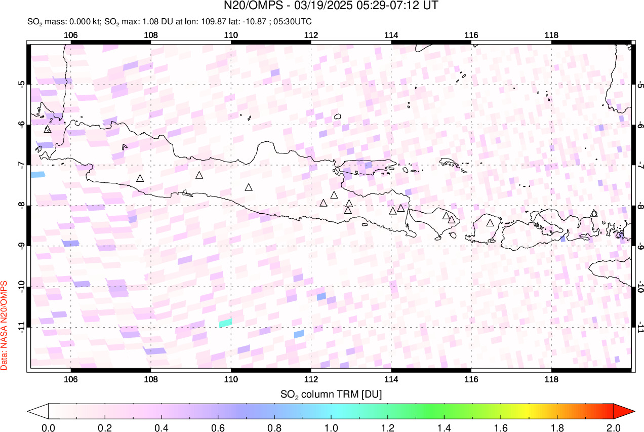 A sulfur dioxide image over Java, Indonesia on Mar 19, 2025.