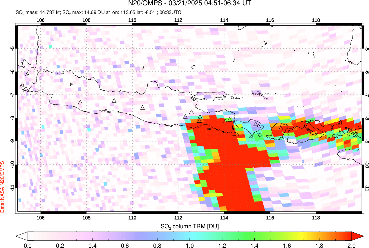 A sulfur dioxide image over Java, Indonesia on Mar 21, 2025.