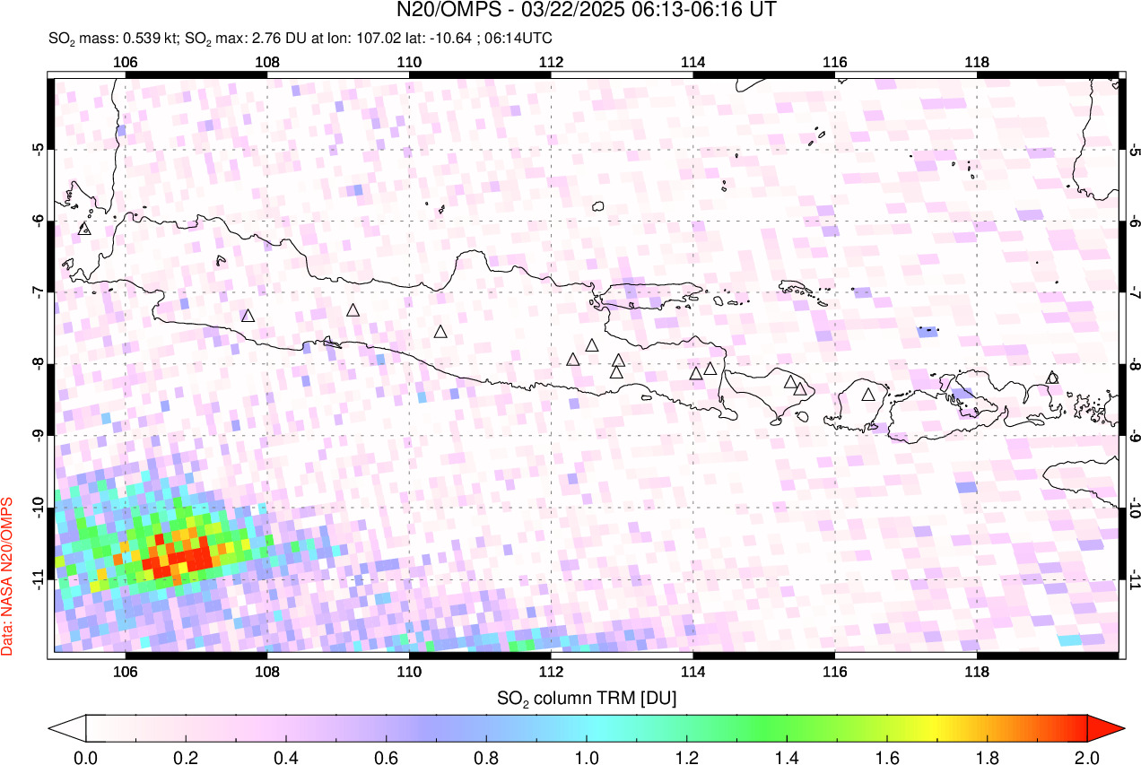 A sulfur dioxide image over Java, Indonesia on Mar 22, 2025.