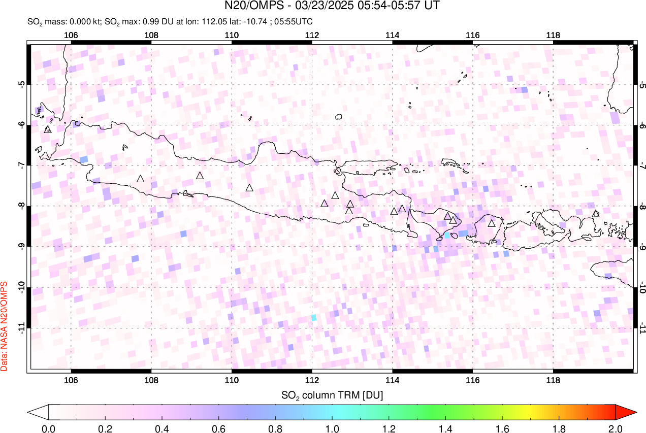 A sulfur dioxide image over Java, Indonesia on Mar 23, 2025.