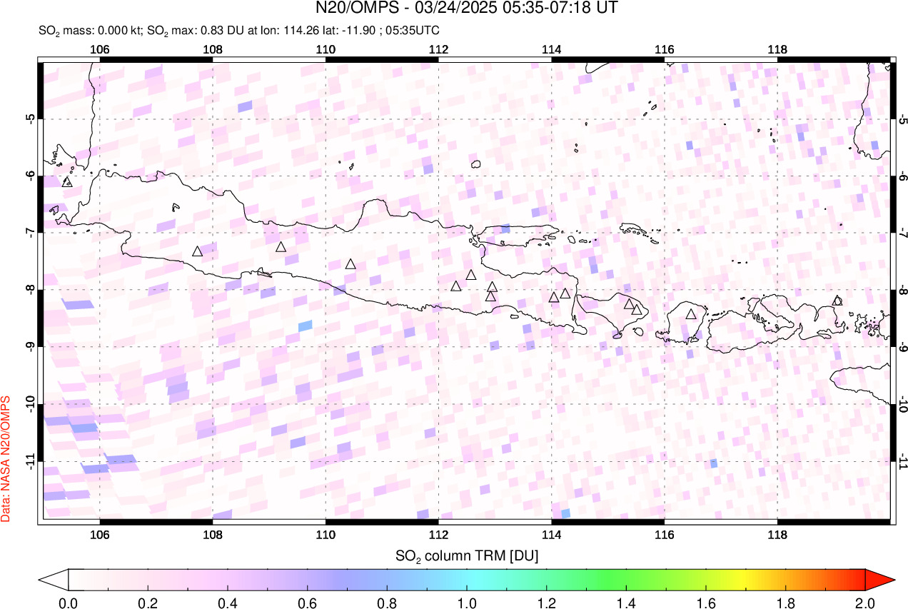 A sulfur dioxide image over Java, Indonesia on Mar 24, 2025.