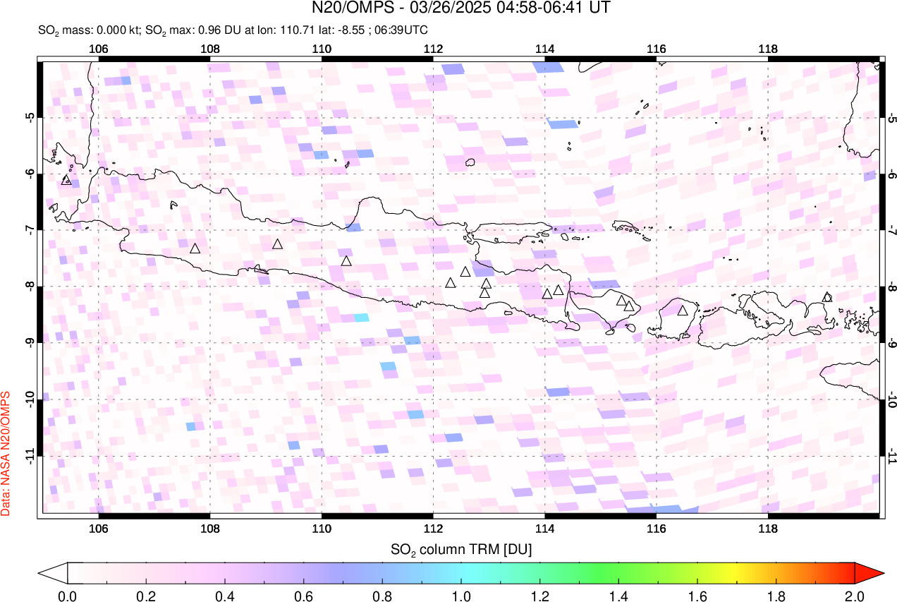A sulfur dioxide image over Java, Indonesia on Mar 26, 2025.