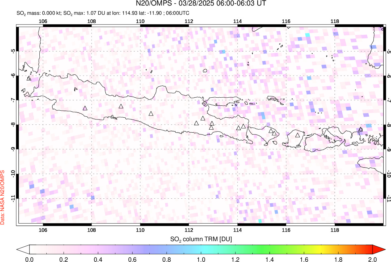 A sulfur dioxide image over Java, Indonesia on Mar 28, 2025.