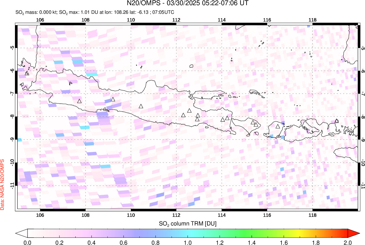 A sulfur dioxide image over Java, Indonesia on Mar 30, 2025.