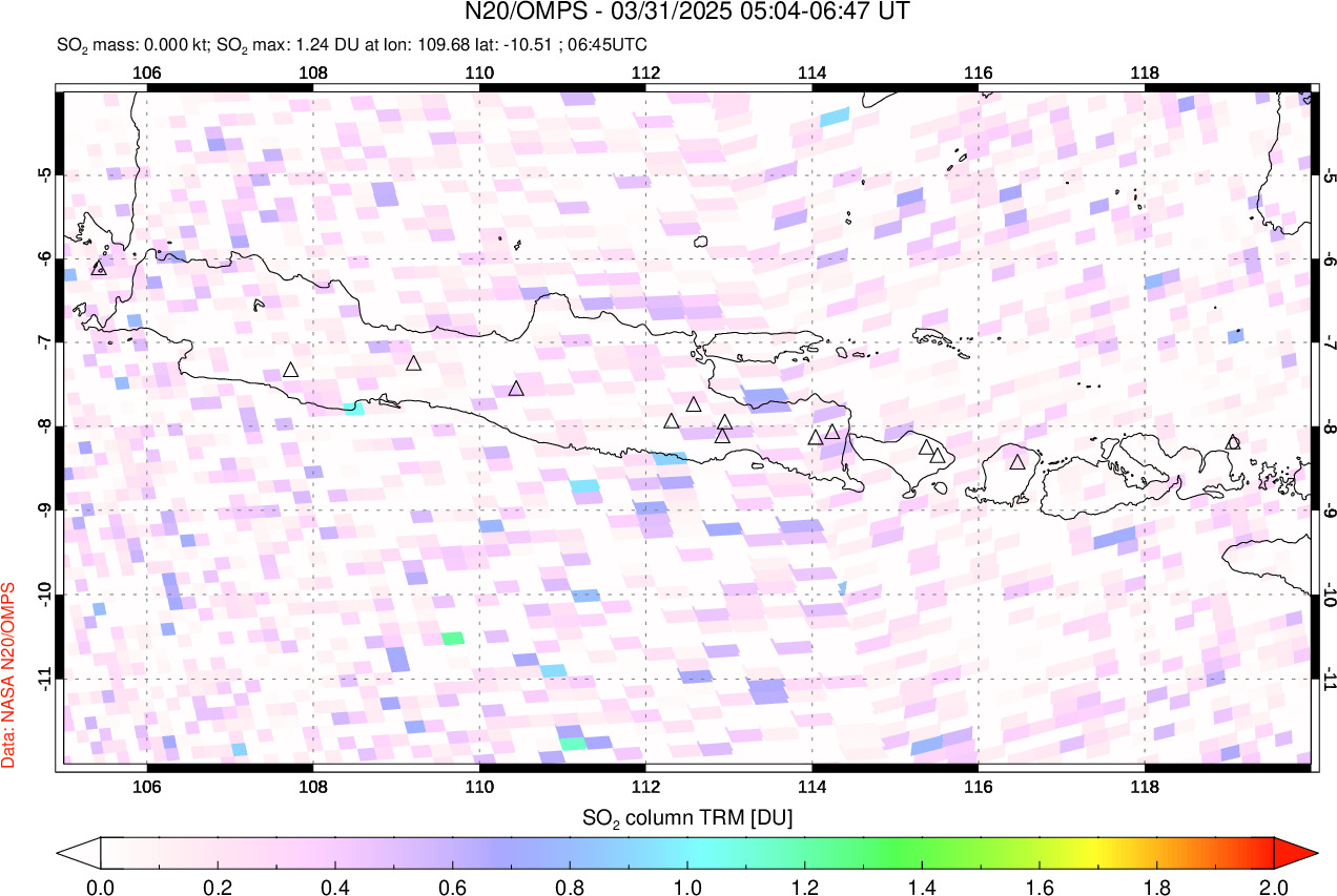 A sulfur dioxide image over Java, Indonesia on Mar 31, 2025.