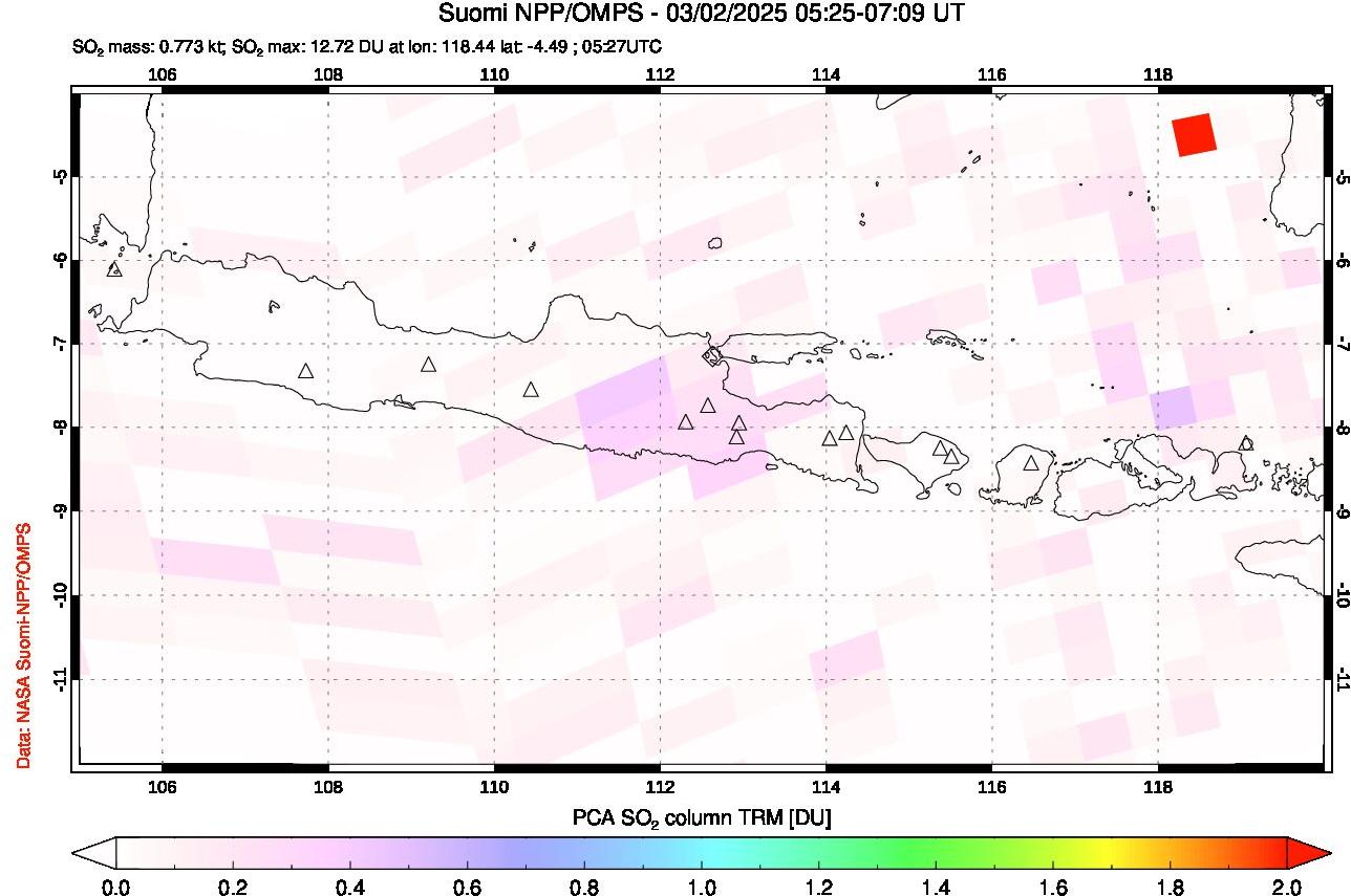 A sulfur dioxide image over Java, Indonesia on Mar 02, 2025.