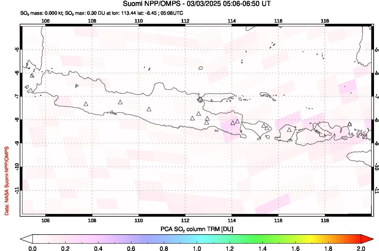 A sulfur dioxide image over Java, Indonesia on Mar 03, 2025.