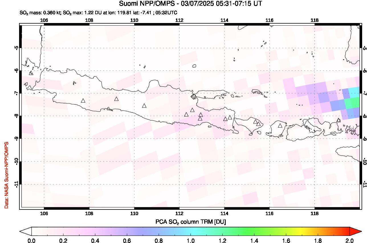 A sulfur dioxide image over Java, Indonesia on Mar 07, 2025.