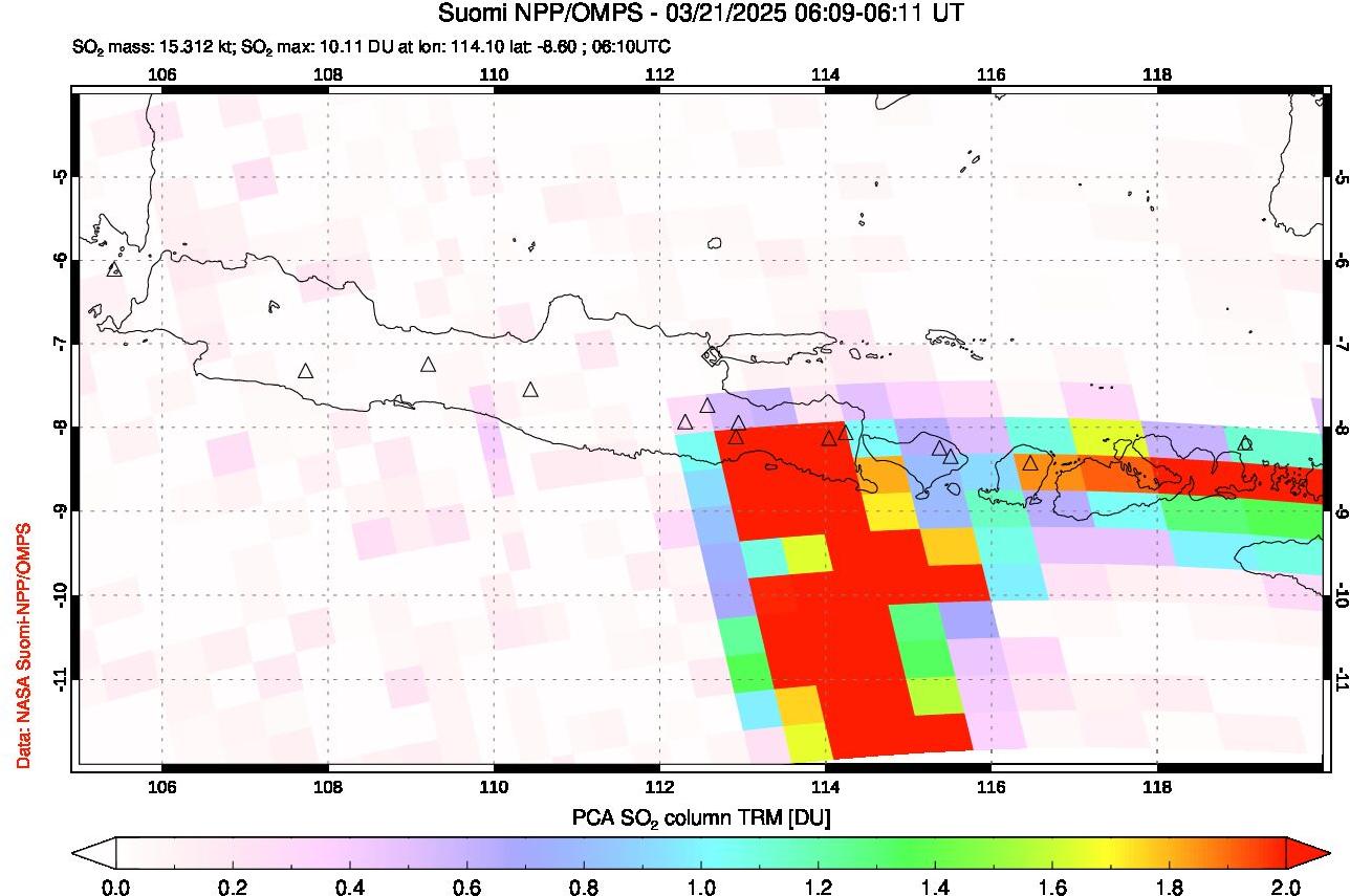A sulfur dioxide image over Java, Indonesia on Mar 21, 2025.