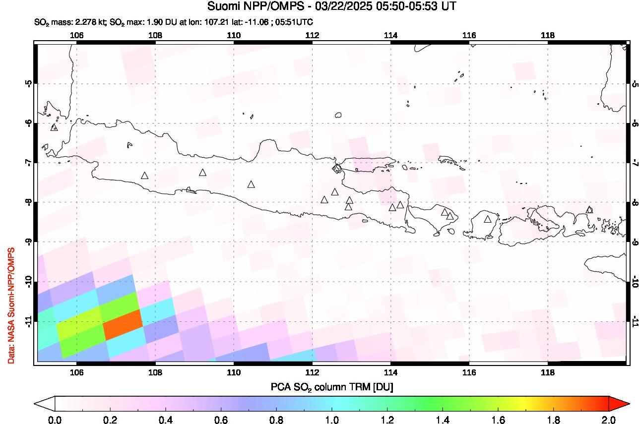 A sulfur dioxide image over Java, Indonesia on Mar 22, 2025.
