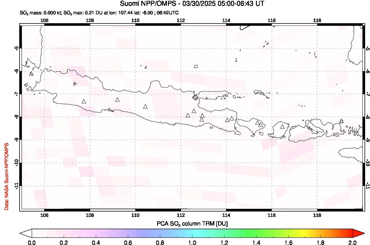 A sulfur dioxide image over Java, Indonesia on Mar 30, 2025.