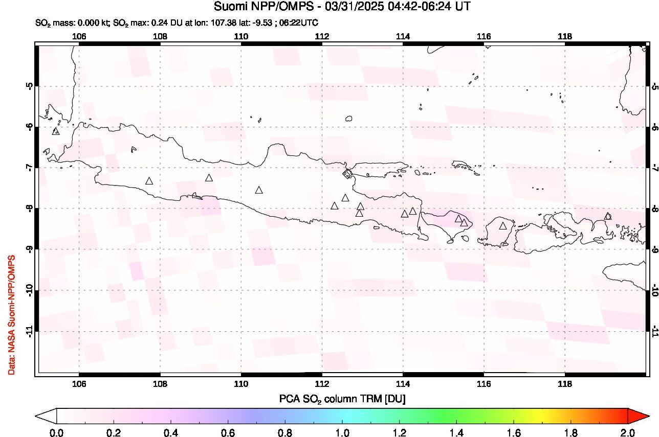 A sulfur dioxide image over Java, Indonesia on Mar 31, 2025.