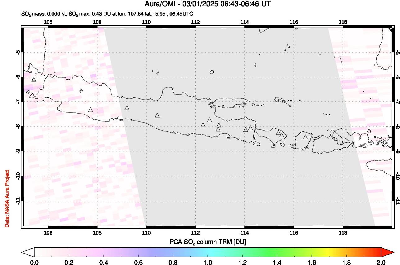 A sulfur dioxide image over Java, Indonesia on Mar 01, 2025.