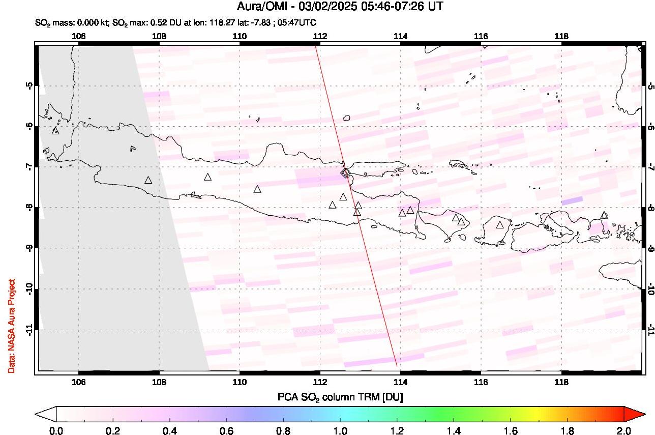 A sulfur dioxide image over Java, Indonesia on Mar 02, 2025.