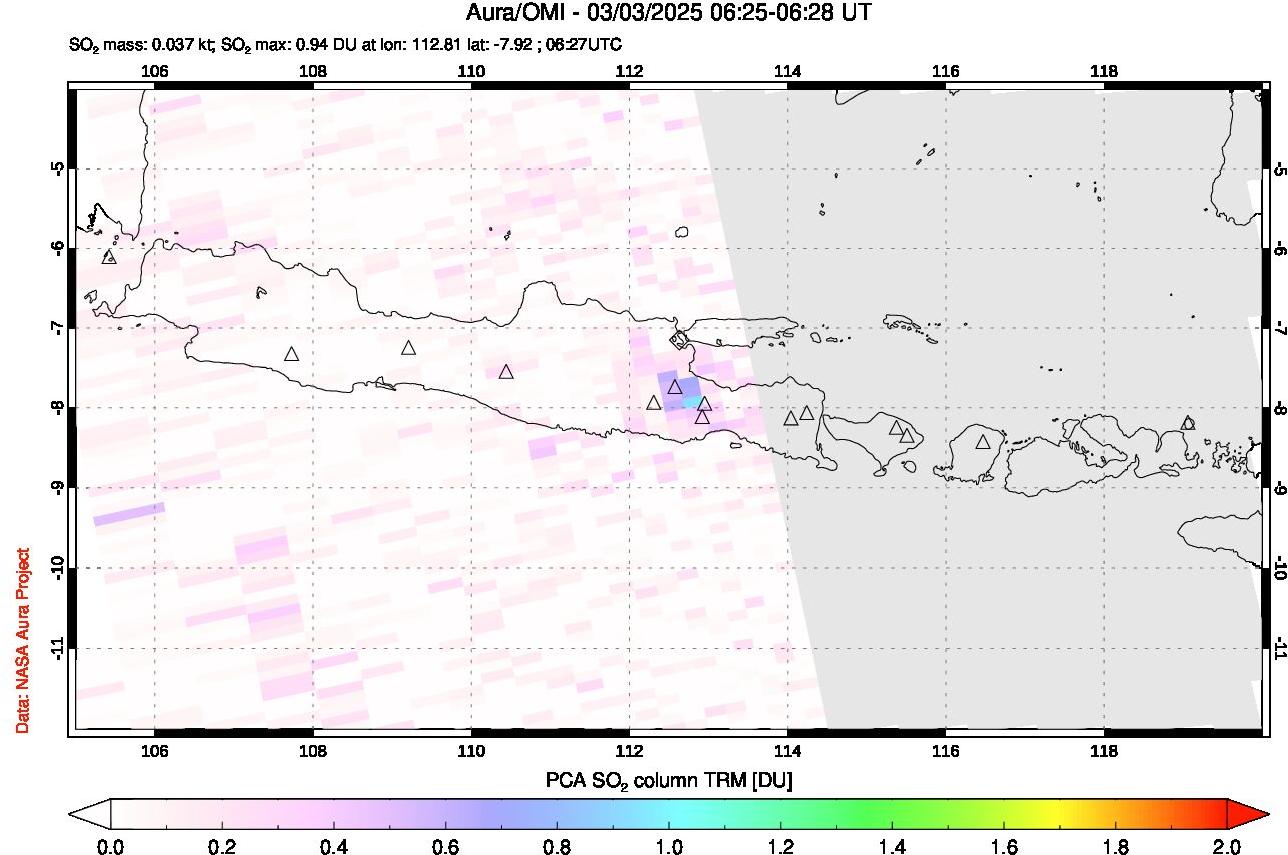 A sulfur dioxide image over Java, Indonesia on Mar 03, 2025.