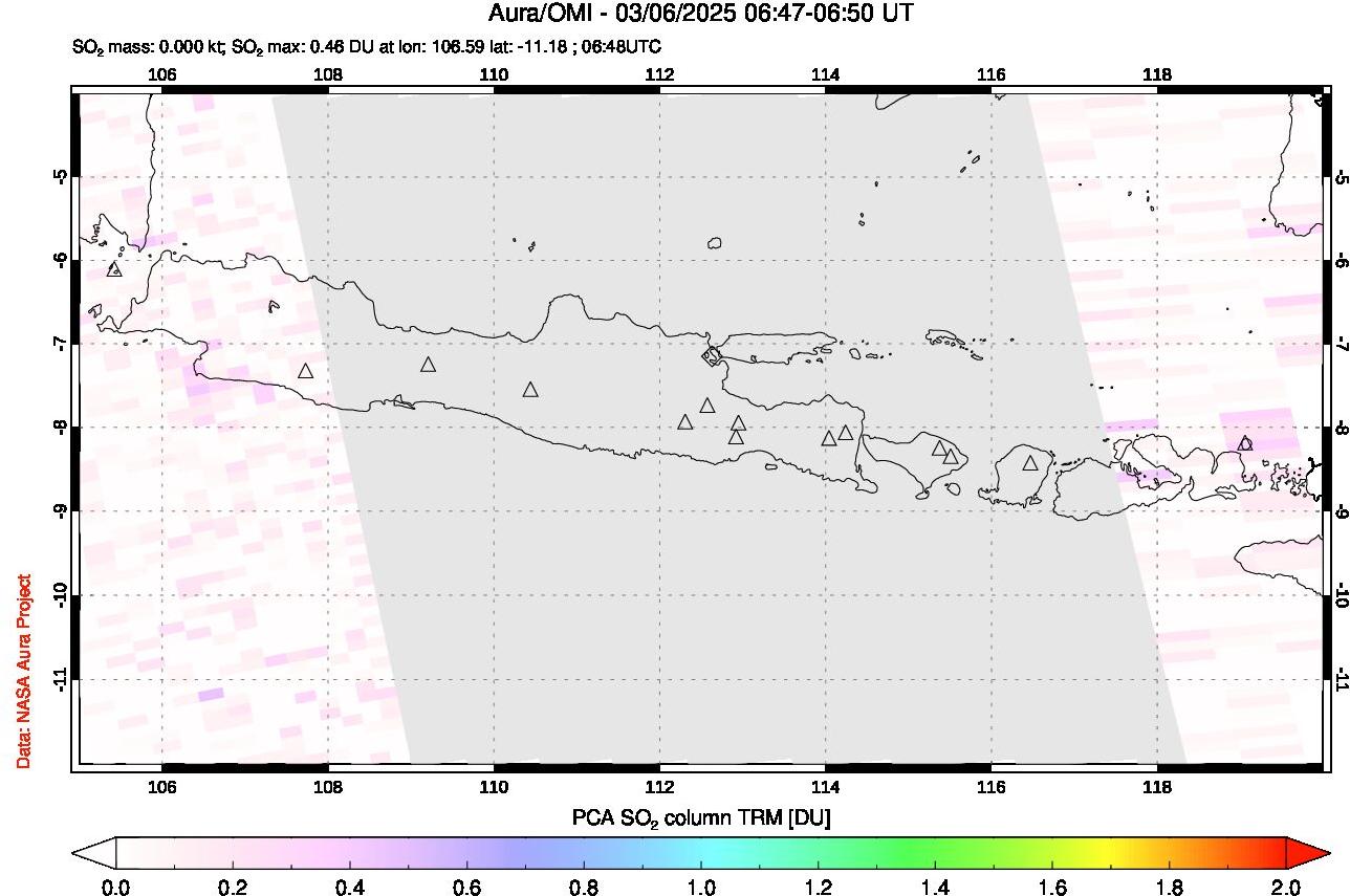A sulfur dioxide image over Java, Indonesia on Mar 06, 2025.