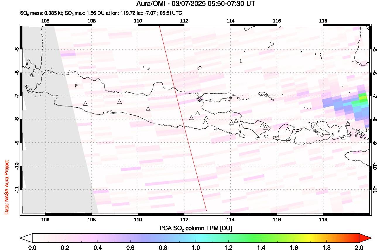 A sulfur dioxide image over Java, Indonesia on Mar 07, 2025.