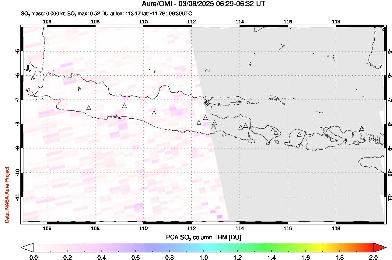 A sulfur dioxide image over Java, Indonesia on Mar 08, 2025.