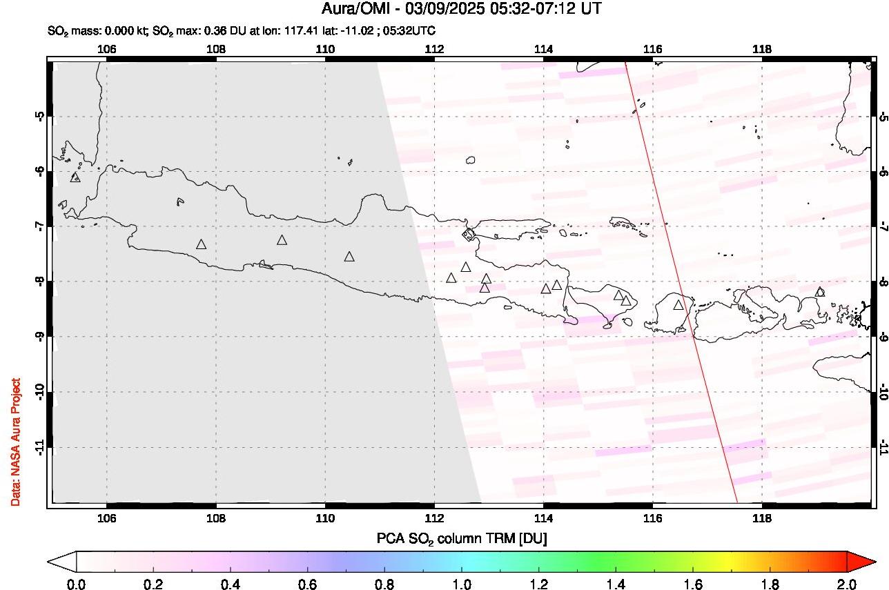 A sulfur dioxide image over Java, Indonesia on Mar 09, 2025.