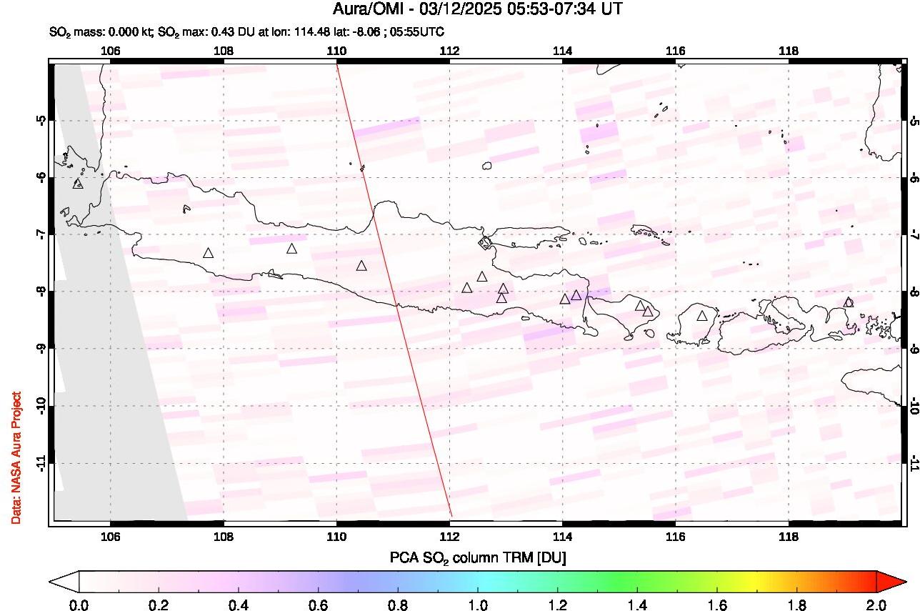 A sulfur dioxide image over Java, Indonesia on Mar 12, 2025.