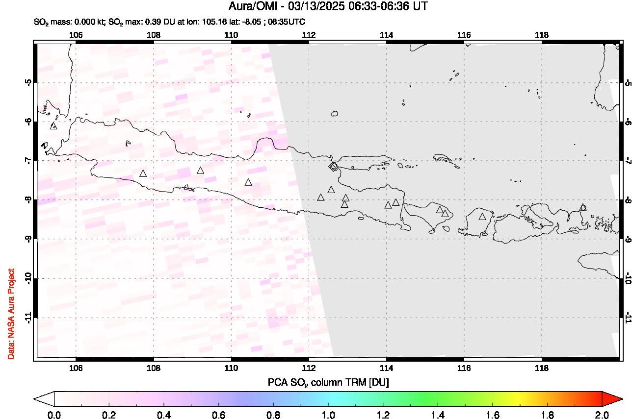 A sulfur dioxide image over Java, Indonesia on Mar 13, 2025.