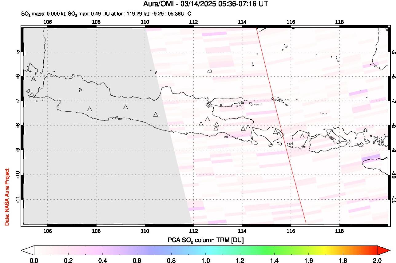 A sulfur dioxide image over Java, Indonesia on Mar 14, 2025.