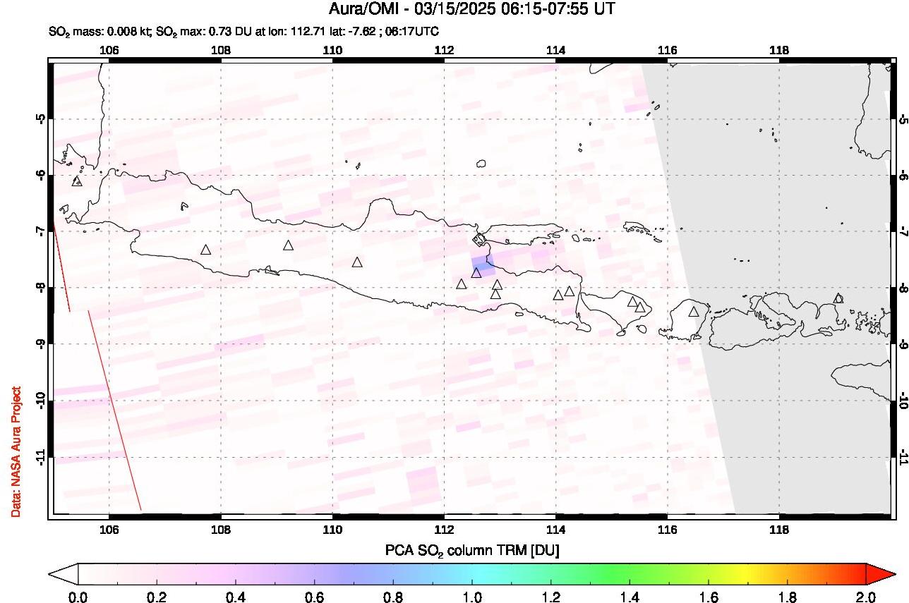 A sulfur dioxide image over Java, Indonesia on Mar 15, 2025.