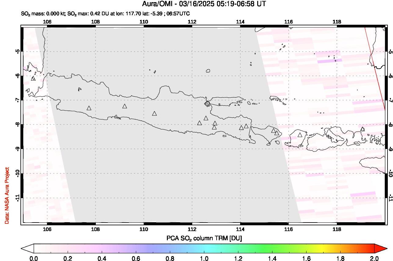 A sulfur dioxide image over Java, Indonesia on Mar 16, 2025.