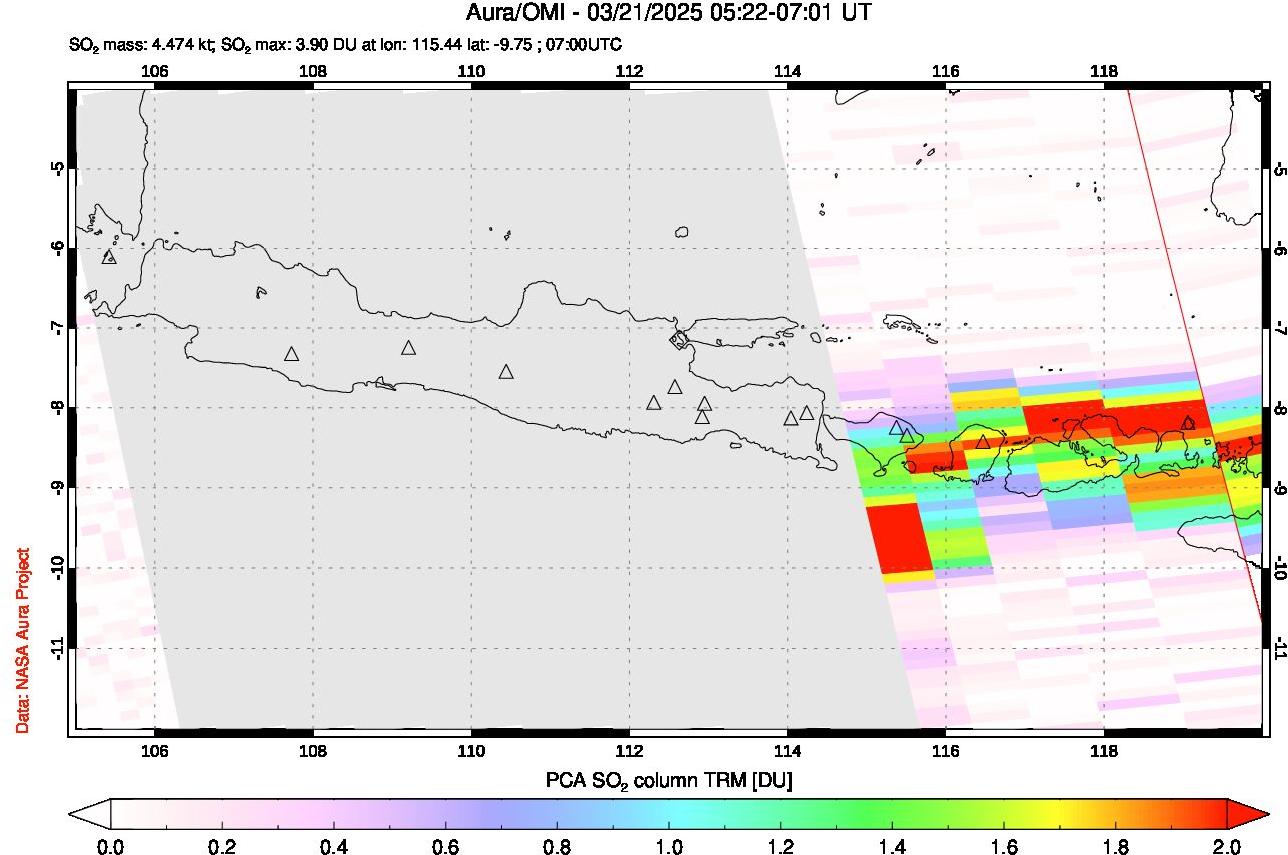 A sulfur dioxide image over Java, Indonesia on Mar 21, 2025.