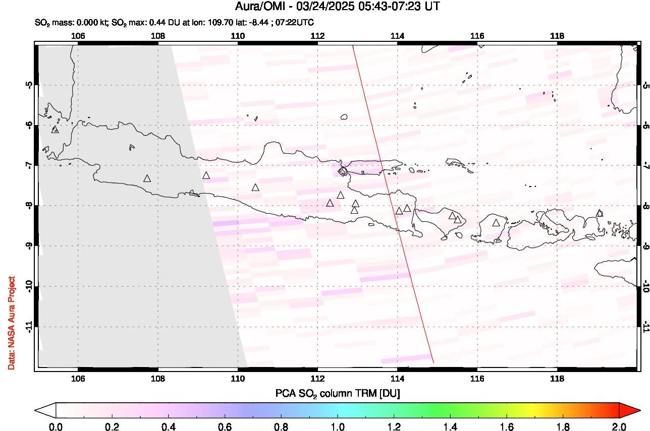 A sulfur dioxide image over Java, Indonesia on Mar 24, 2025.