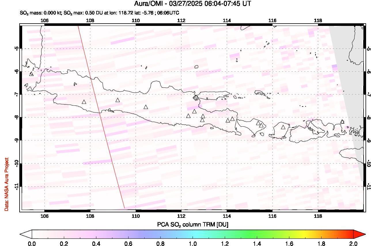 A sulfur dioxide image over Java, Indonesia on Mar 27, 2025.
