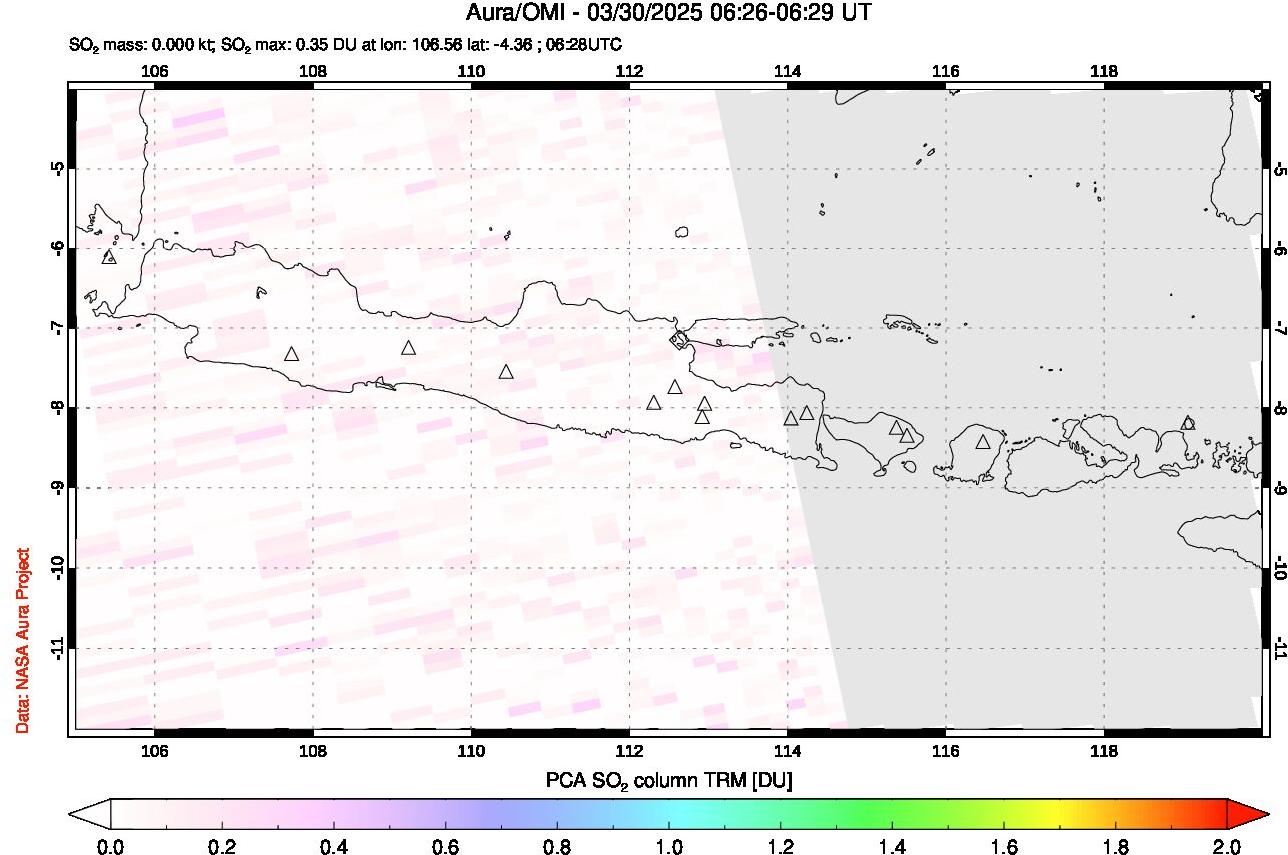 A sulfur dioxide image over Java, Indonesia on Mar 30, 2025.
